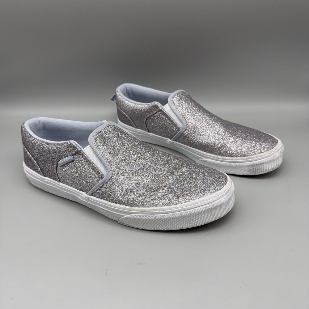 Vans Classic Slip-On Shoes Womens Size 6 Silver Glitter Skate Missy Sneakers